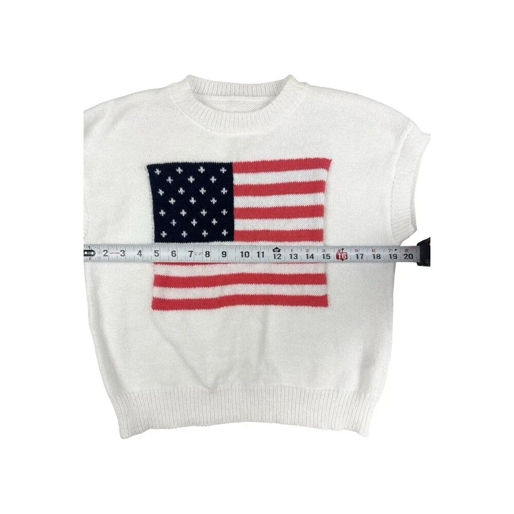American Flag Sweater Vest Women Small White Knit Patriotic USA Cottagecore